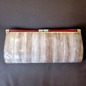 Vintage Gray Eelskin Clutch Handbag Red Bakelite Leather Lined Quality Retro 70s